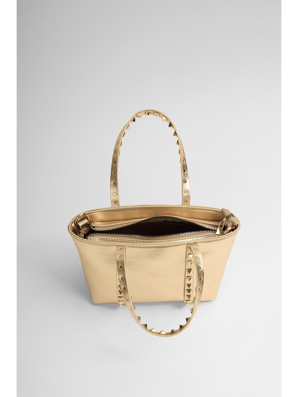 Sarı Altın Kadın Küçük Boy Zımba Detaylı Pu Deri Tokalı El Ve Omuz Çantası-4
