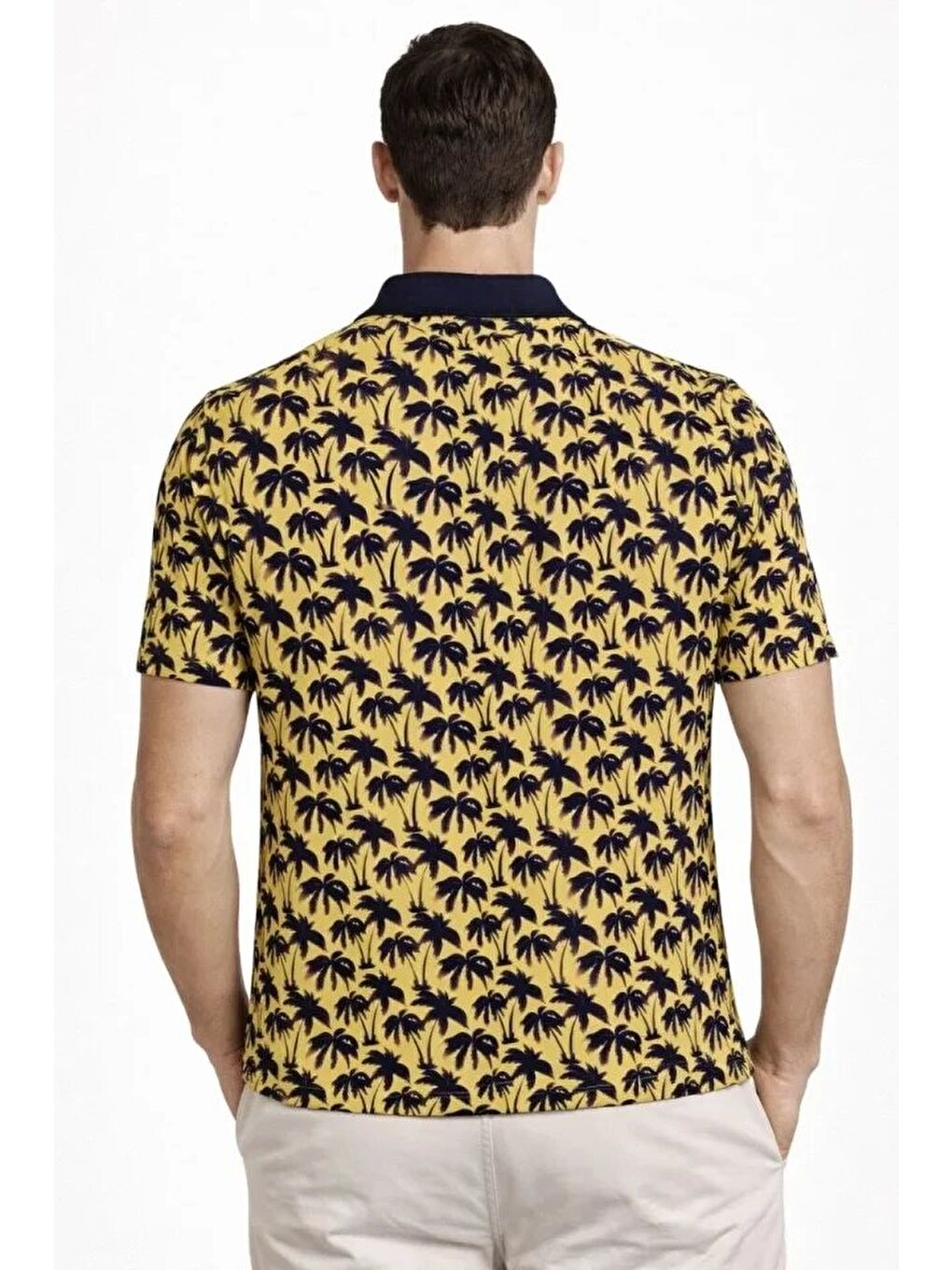 Sarı Erkek Pike Kumaş Polo Yaka Palmiye Desenli Tişört-2