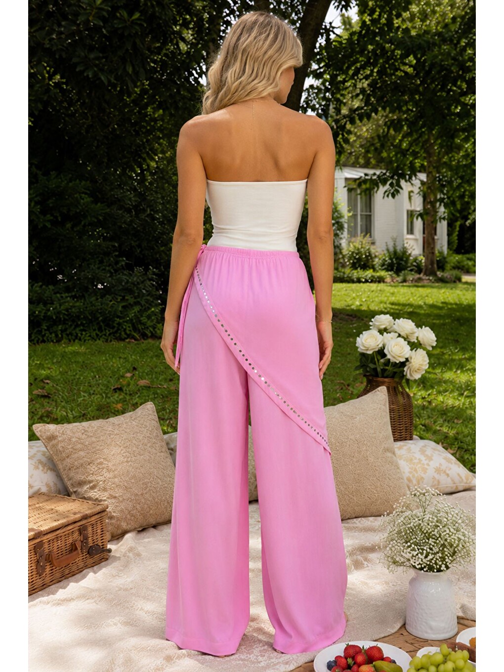 Pembe Palazzo Fular Detaylı Pantolon-3