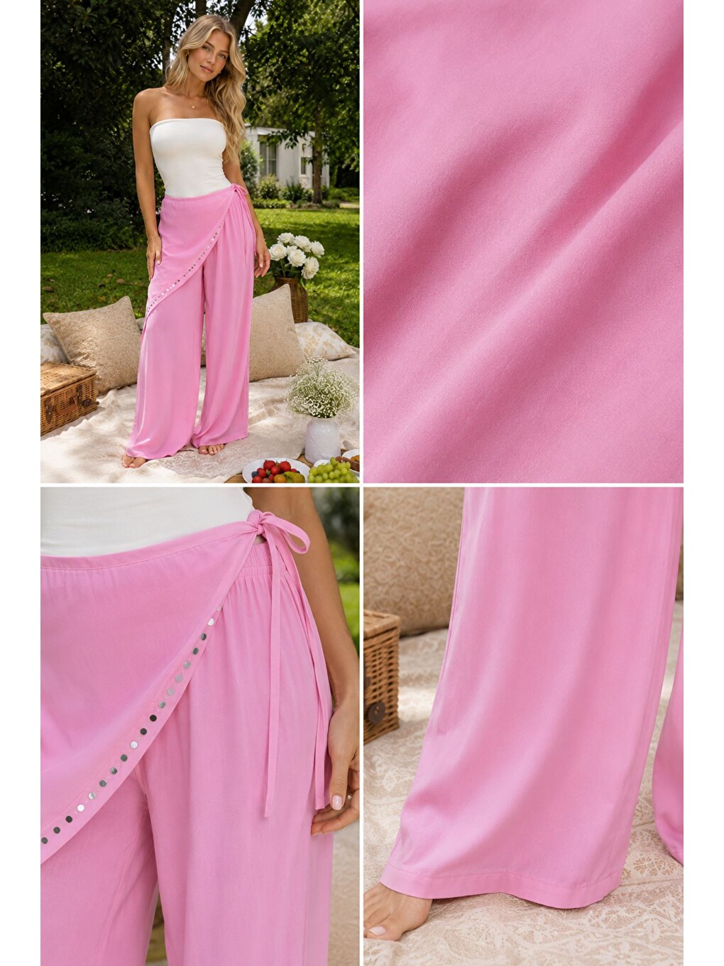 Pembe Palazzo Fular Detaylı Pantolon-4