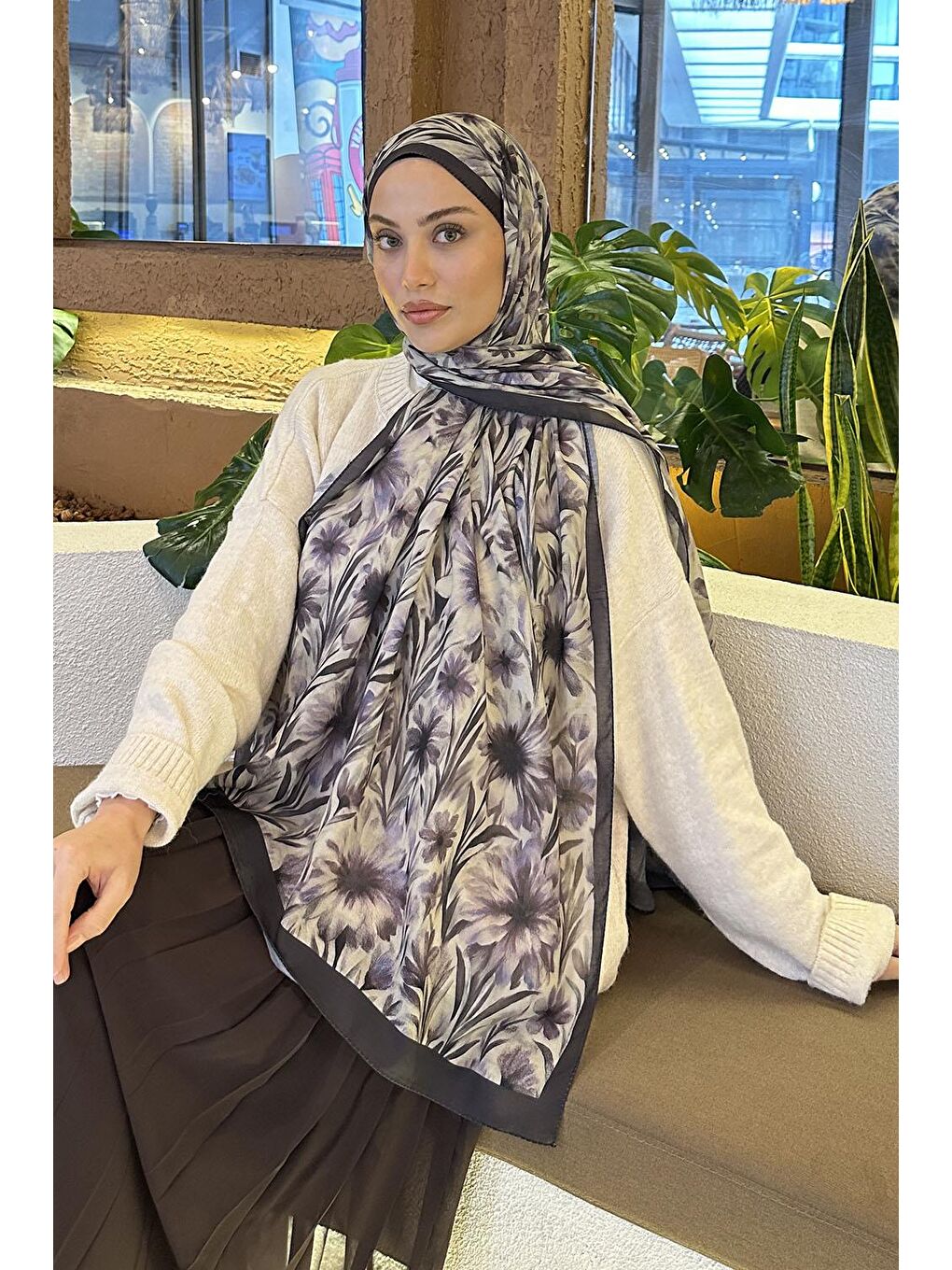 Lila Daisy Flowers Desen Soft Pamuk Şal Lavanta