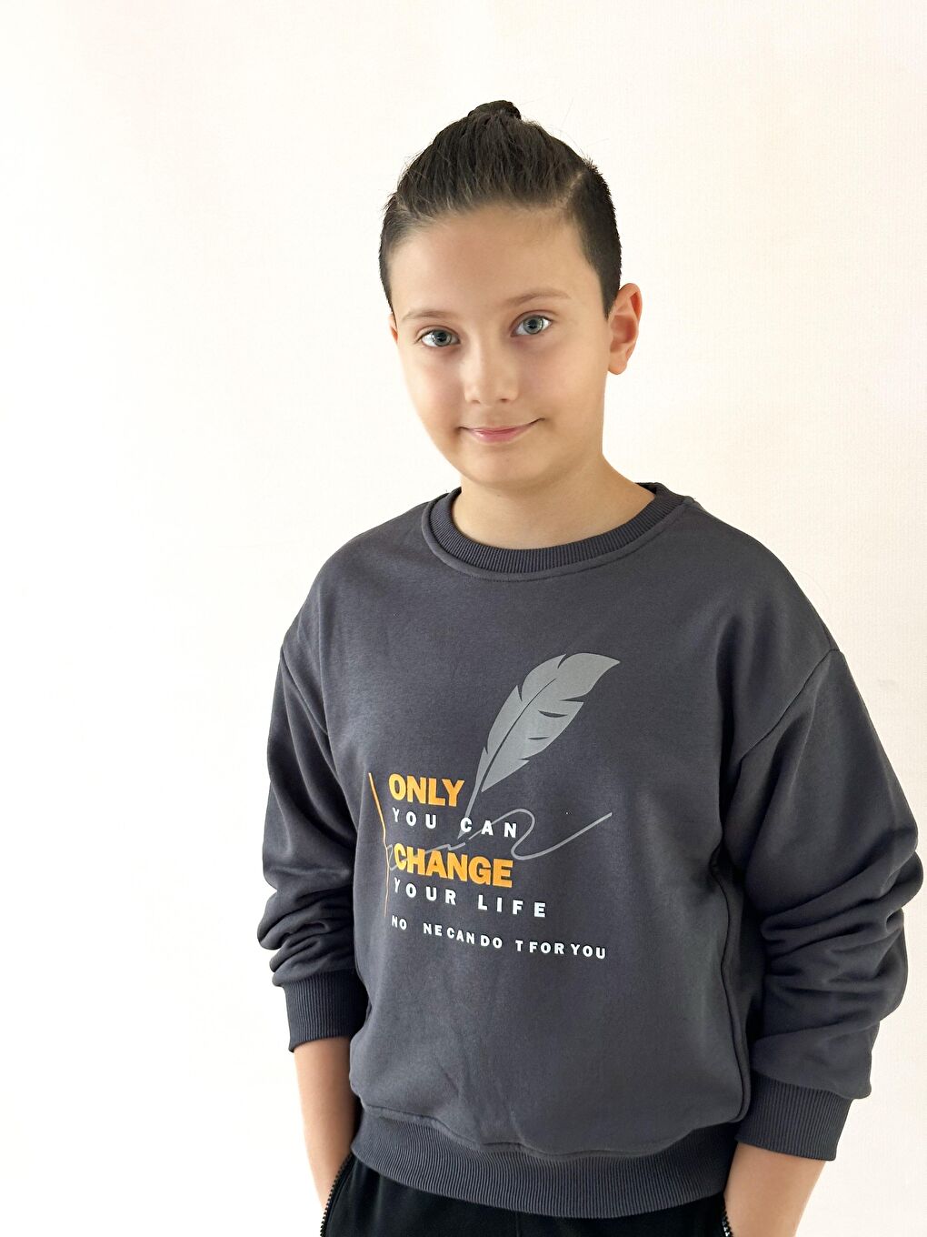 Gri Unisex Bisiklet Yaka Baskılı Sweatshirt-1