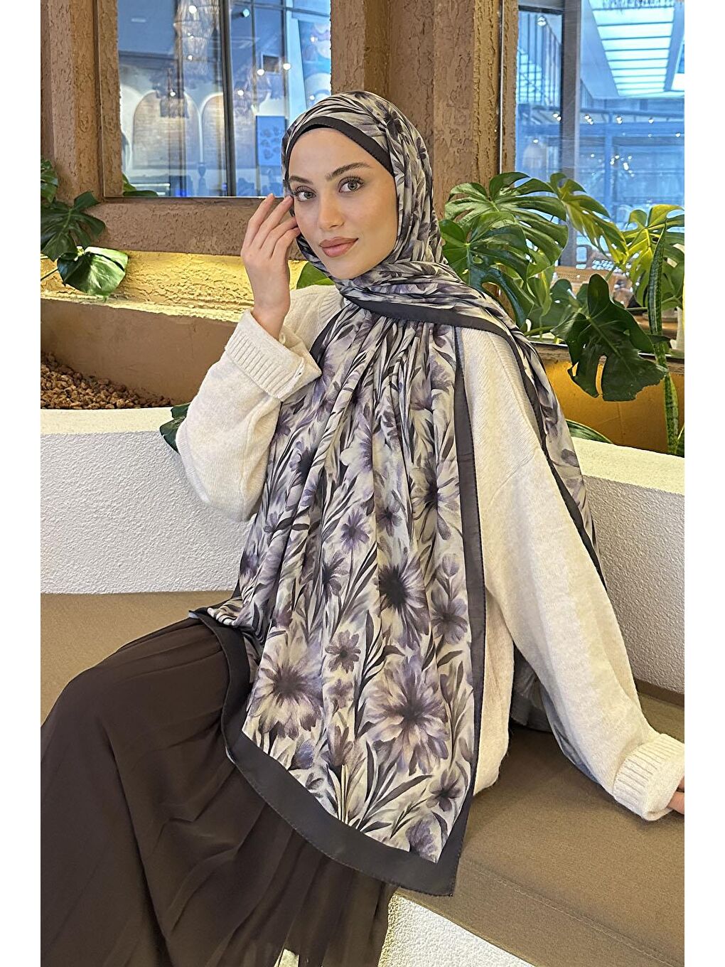 Lila Daisy Flowers Desen Soft Pamuk Şal Lavanta-1