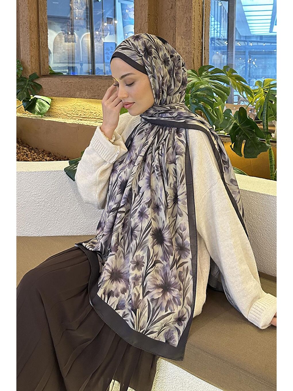 Lila Daisy Flowers Desen Soft Pamuk Şal Lavanta-2