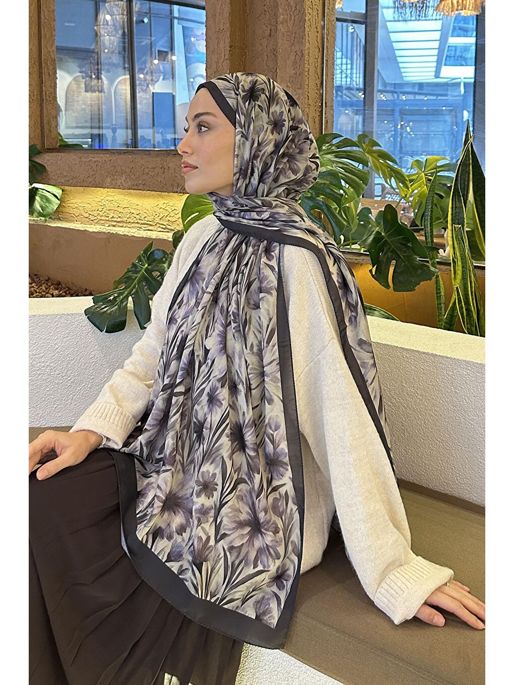 Lila Daisy Flowers Desen Soft Pamuk Şal Lavanta-3