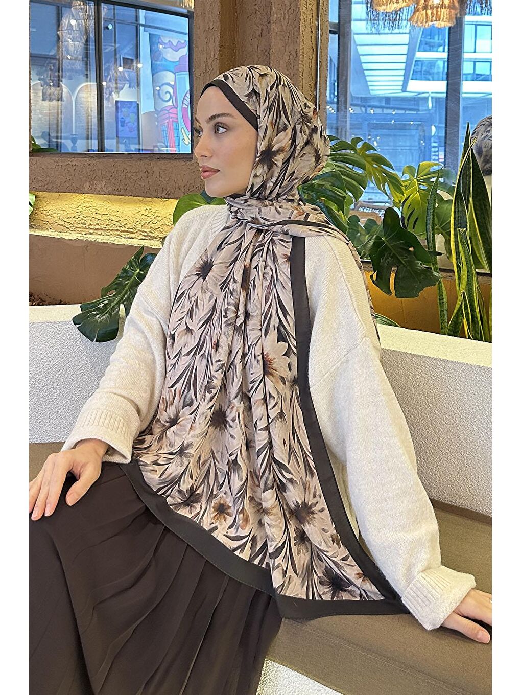 Bej Daisy Flowers Desen Soft Pamuk Şal Vizonrengi-2