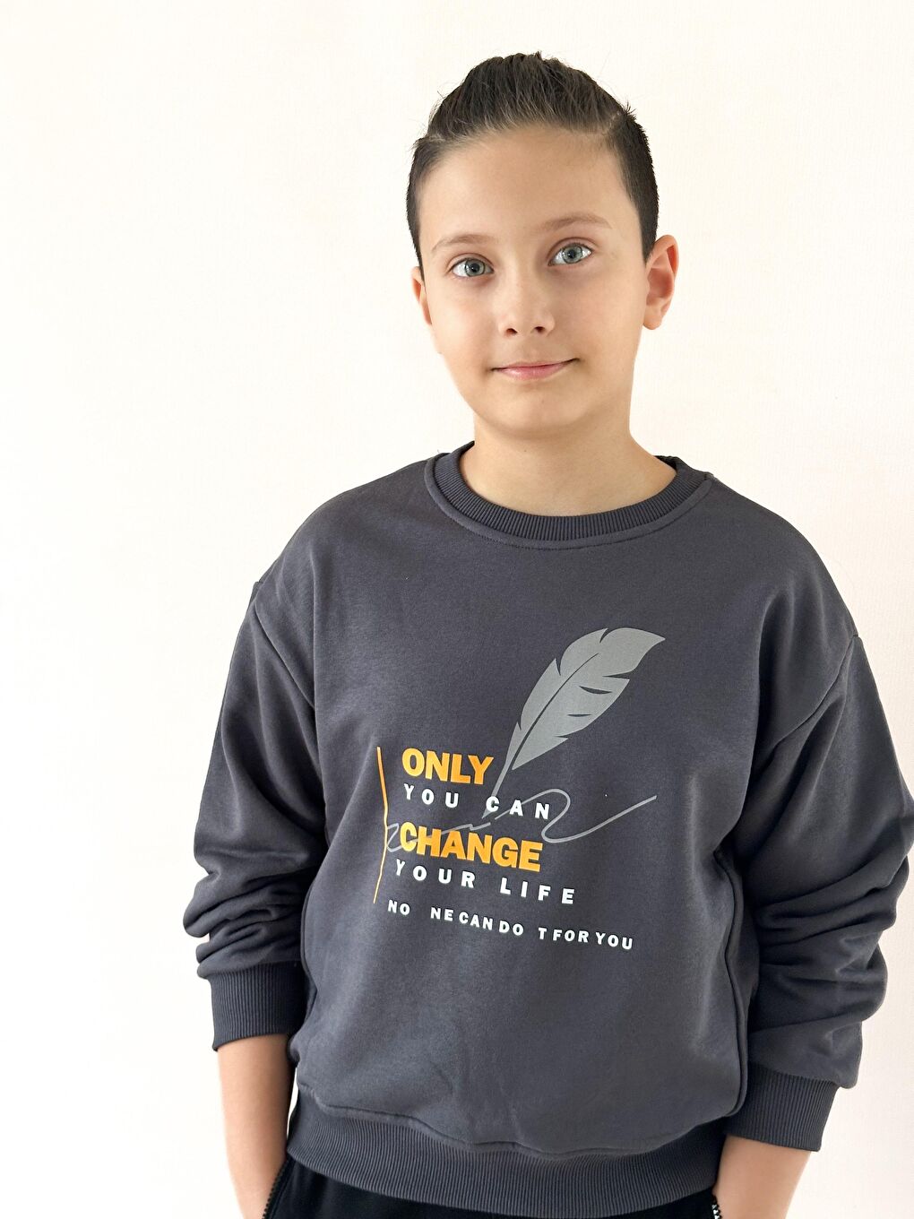 Gri Unisex Bisiklet Yaka Baskılı Sweatshirt-2
