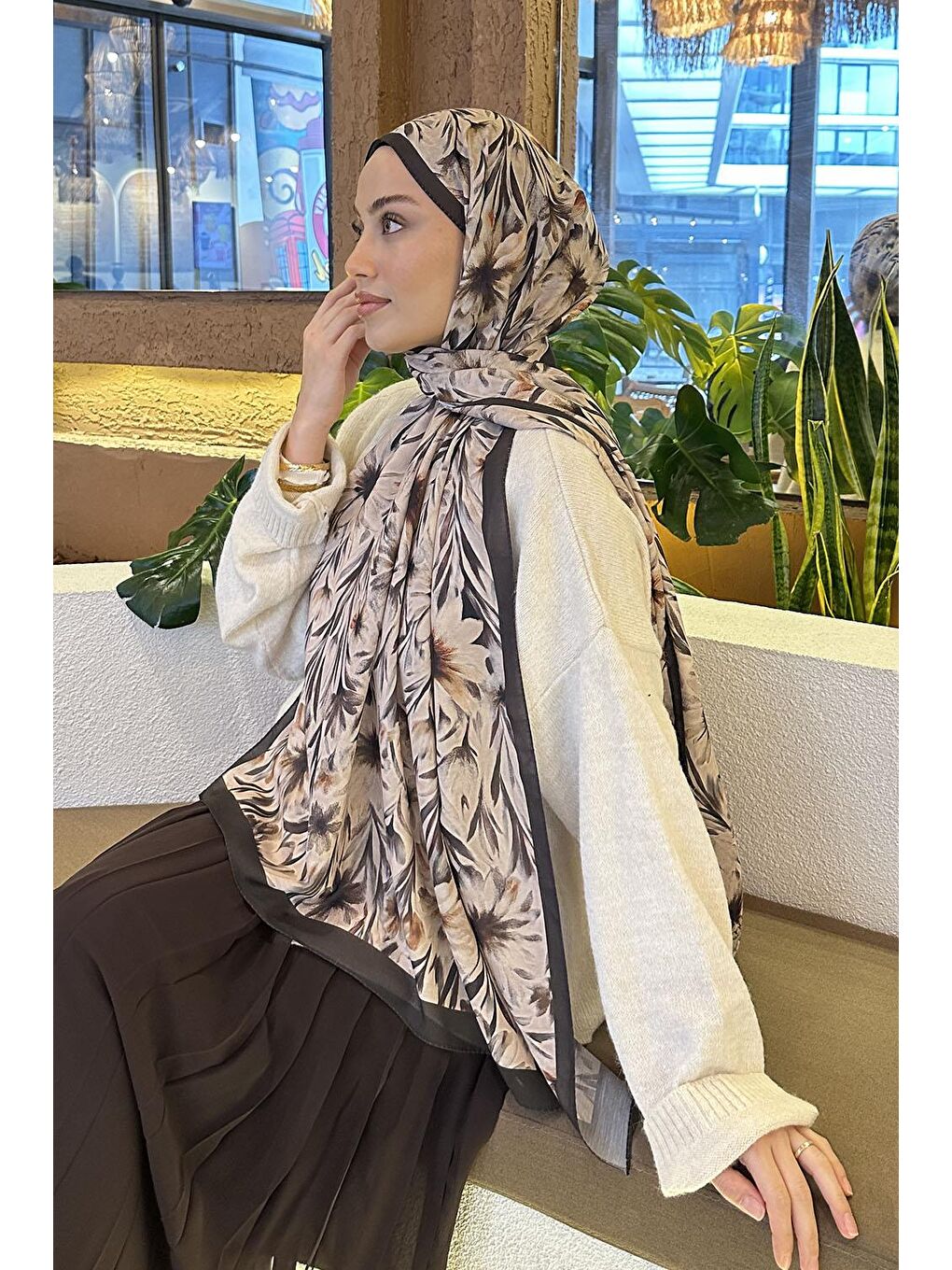 Bej Daisy Flowers Desen Soft Pamuk Şal Vizonrengi-3