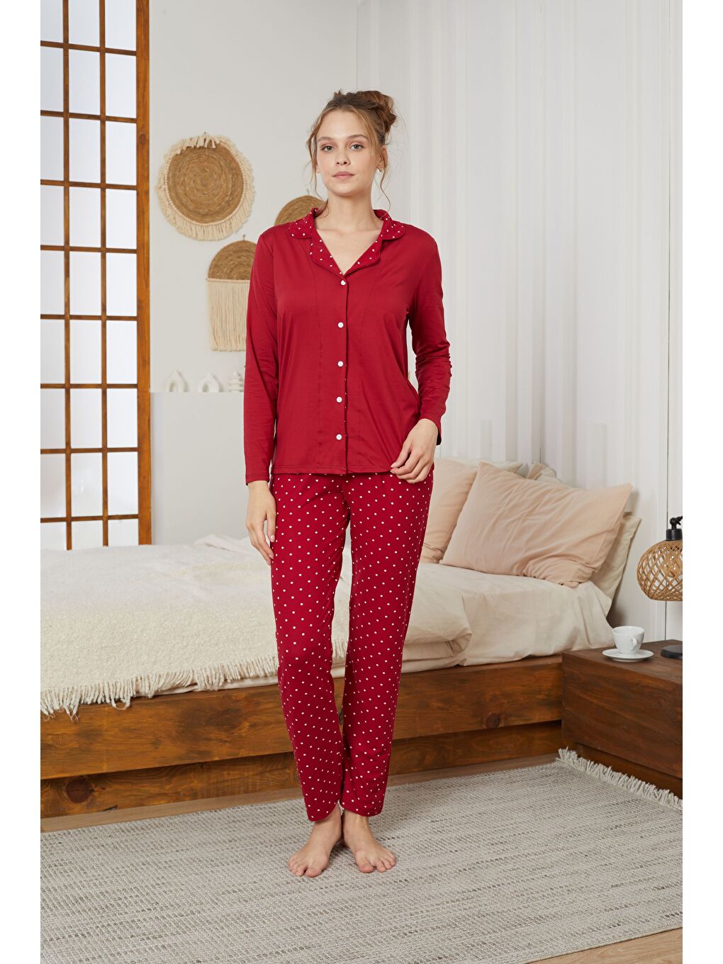Bordo Puan Desenli Gömlek Yaka Düğmeli Milan Örme Pijama Takım25224005-1