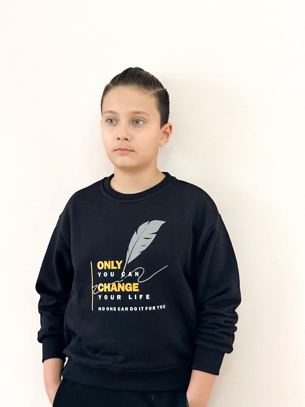 Siyah Unisex Bisiklet Yaka Baskılı Sweatshirt-2