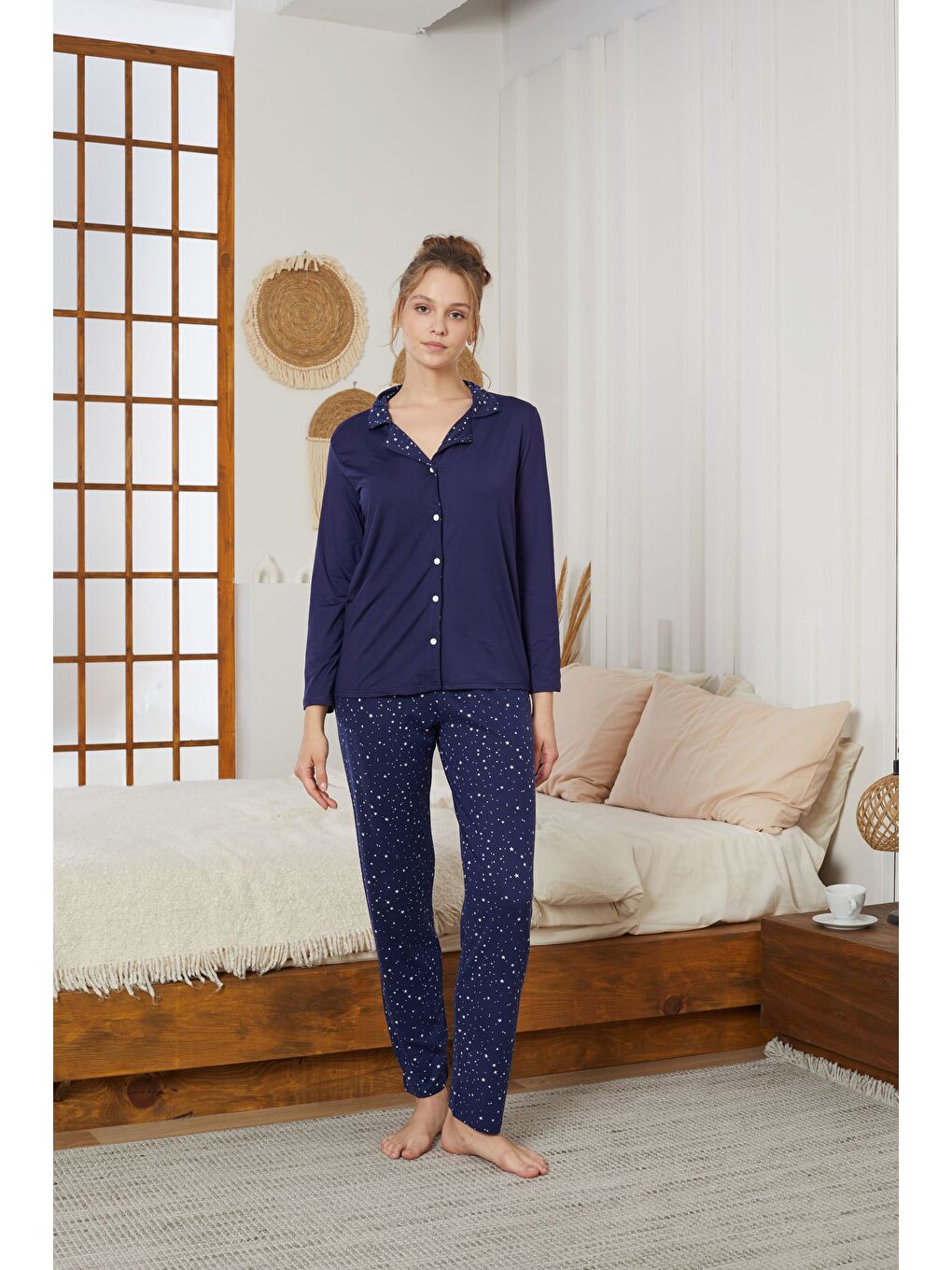 Lacivert Yıldız Desenli Gömlek Yaka Düğmeli Milan Örme Pijama Takım25224007-1
