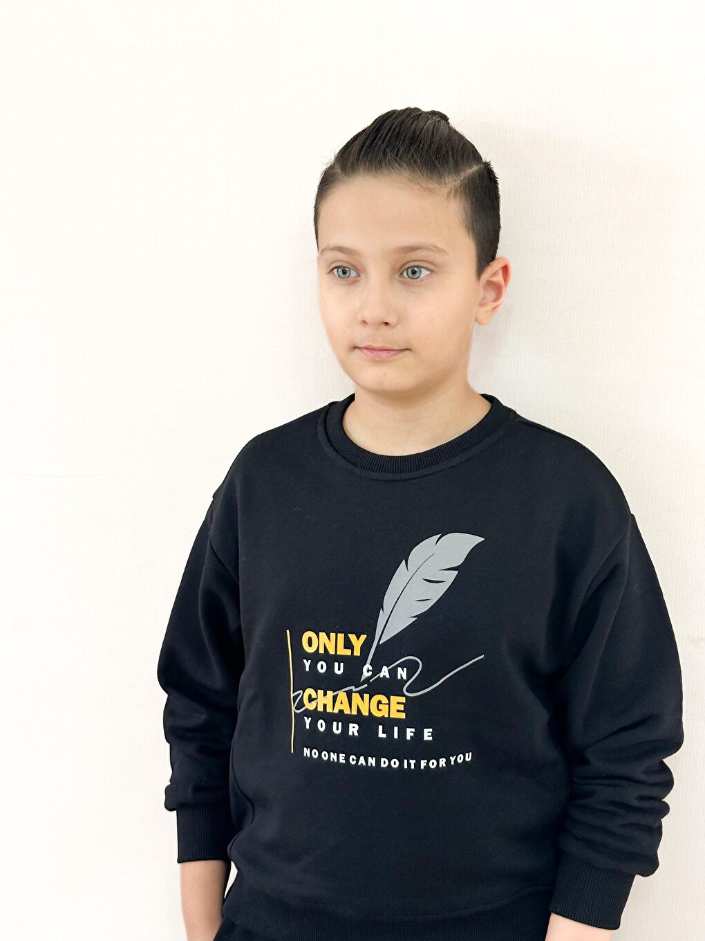 Siyah Unisex Bisiklet Yaka Baskılı Sweatshirt-3