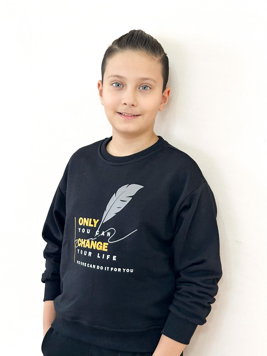 Siyah Unisex Bisiklet Yaka Baskılı Sweatshirt-4