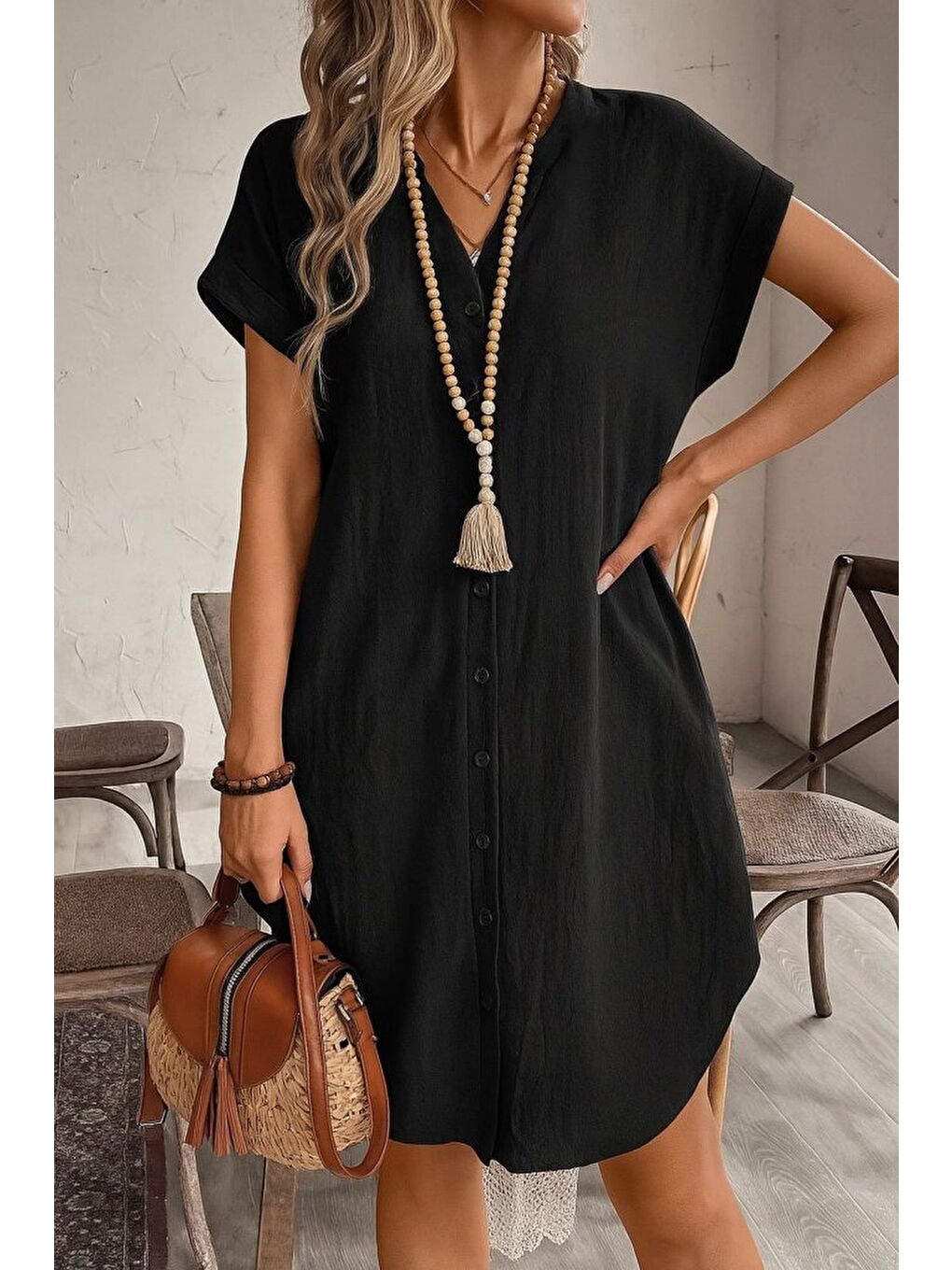 Siyah Kadın Kısa Kollu önden Düğmeli Ithal Keten Elbise