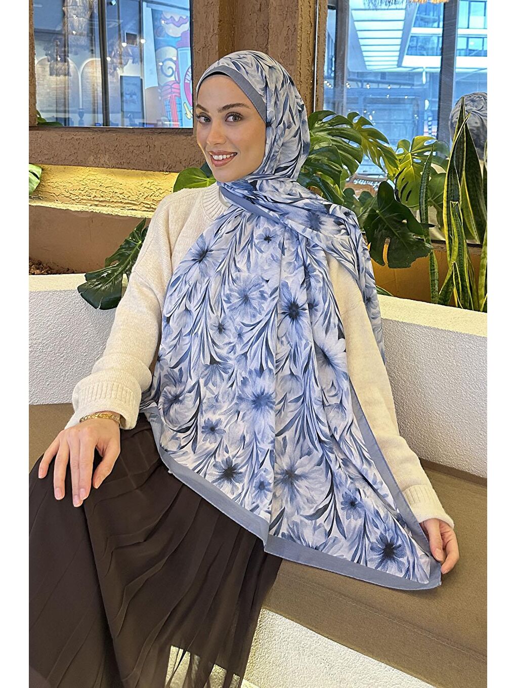 Daisy Flowers Desen Soft Pamuk Şal Mavi-1