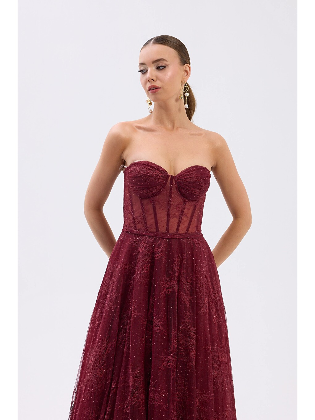 Bordo Straplez Midi Tül Söz Elbisesi-2