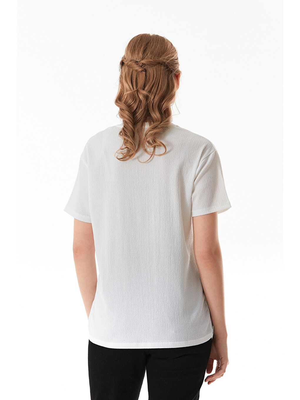 Beyaz Ayıcık Nakışlı Bürümcük Kumaş Oversize Tişört-2