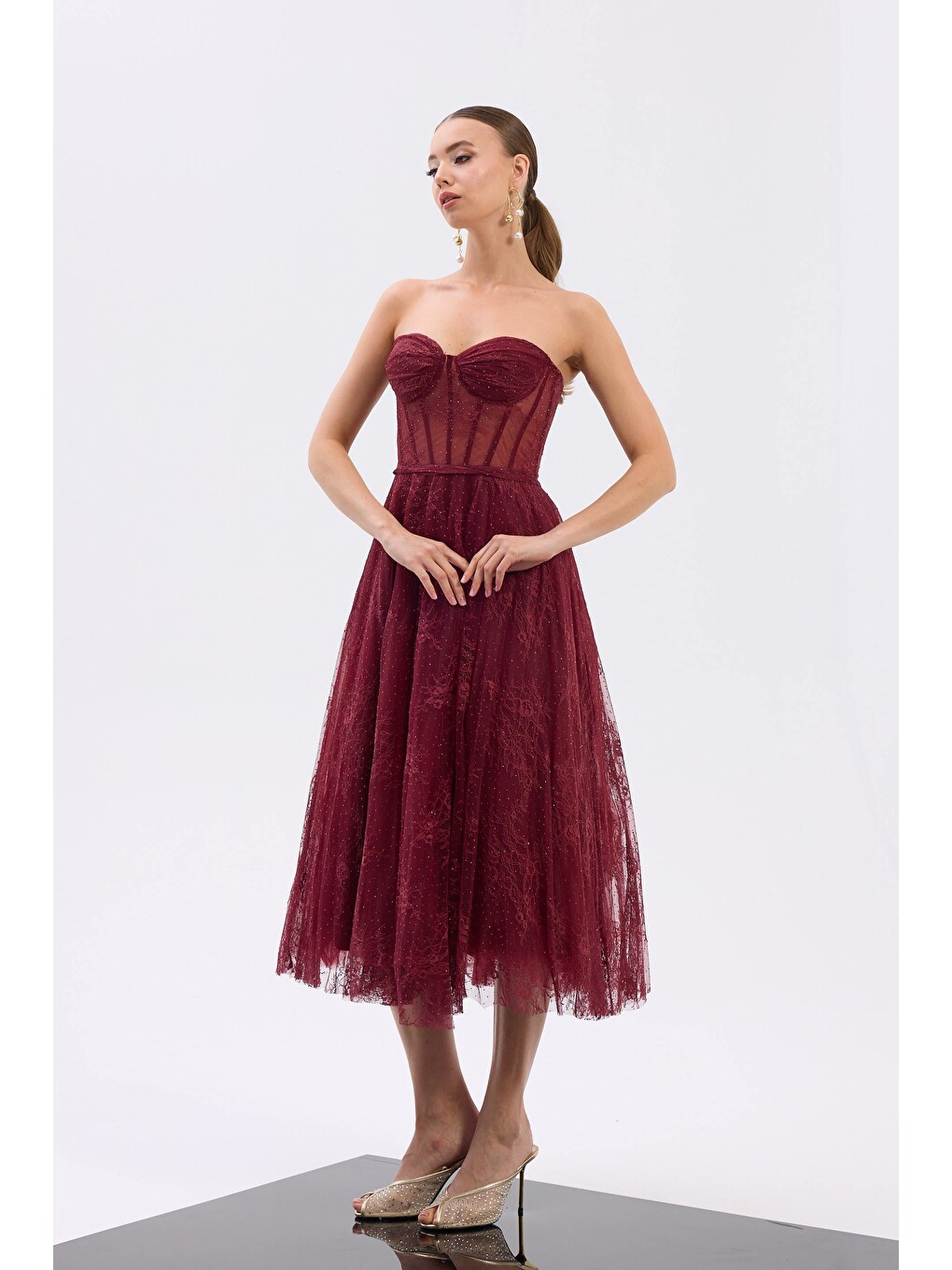 Bordo Straplez Midi Tül Söz Elbisesi-3