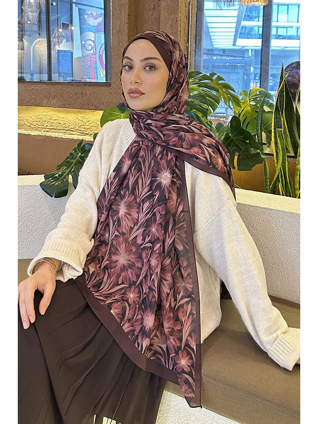 Daisy Flowers Desen Soft Pamuk Şal Koyu Bordo