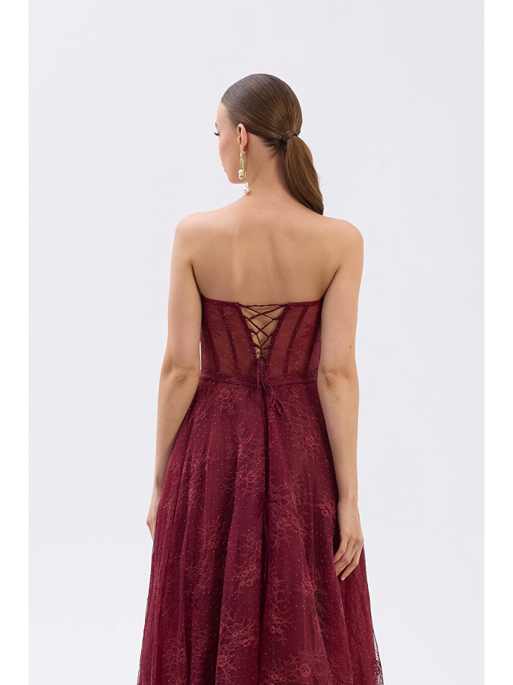 Bordo Straplez Midi Tül Söz Elbisesi-4