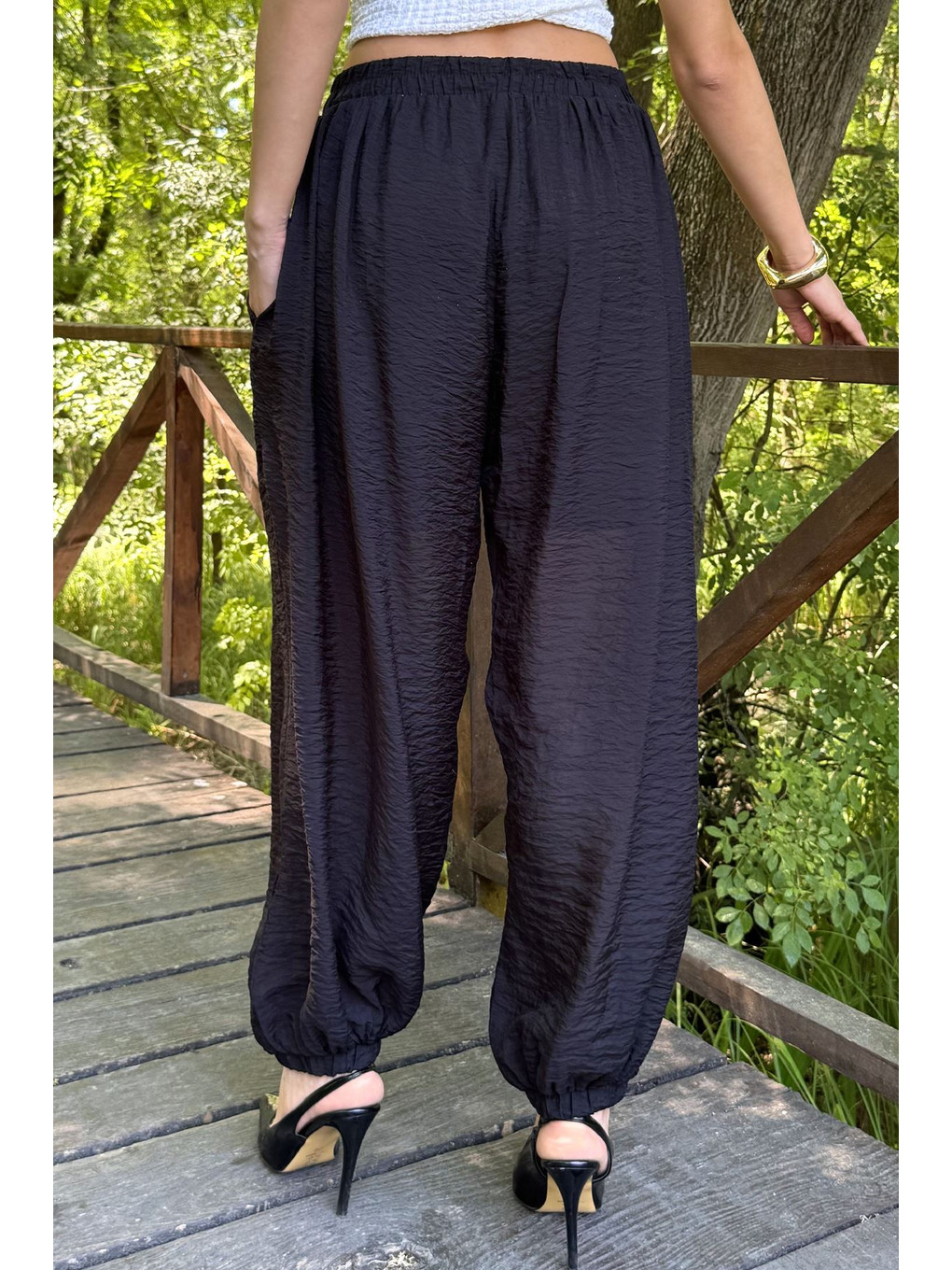 Siyah Kadın Büzgülü Şalvar Pantolon-3