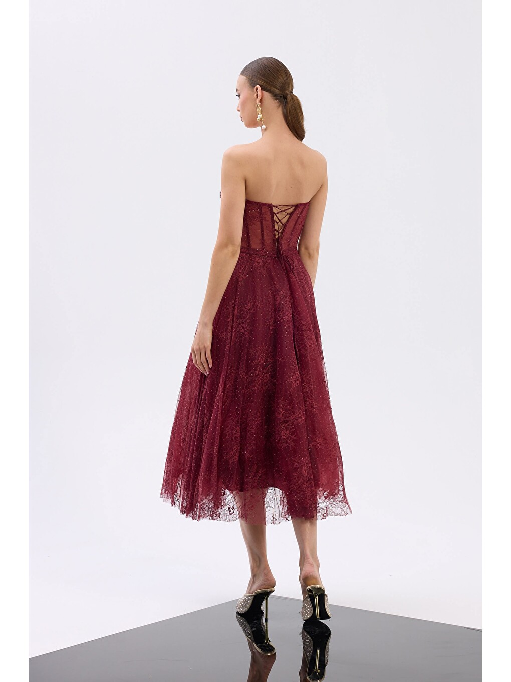 Bordo Straplez Midi Tül Söz Elbisesi-5