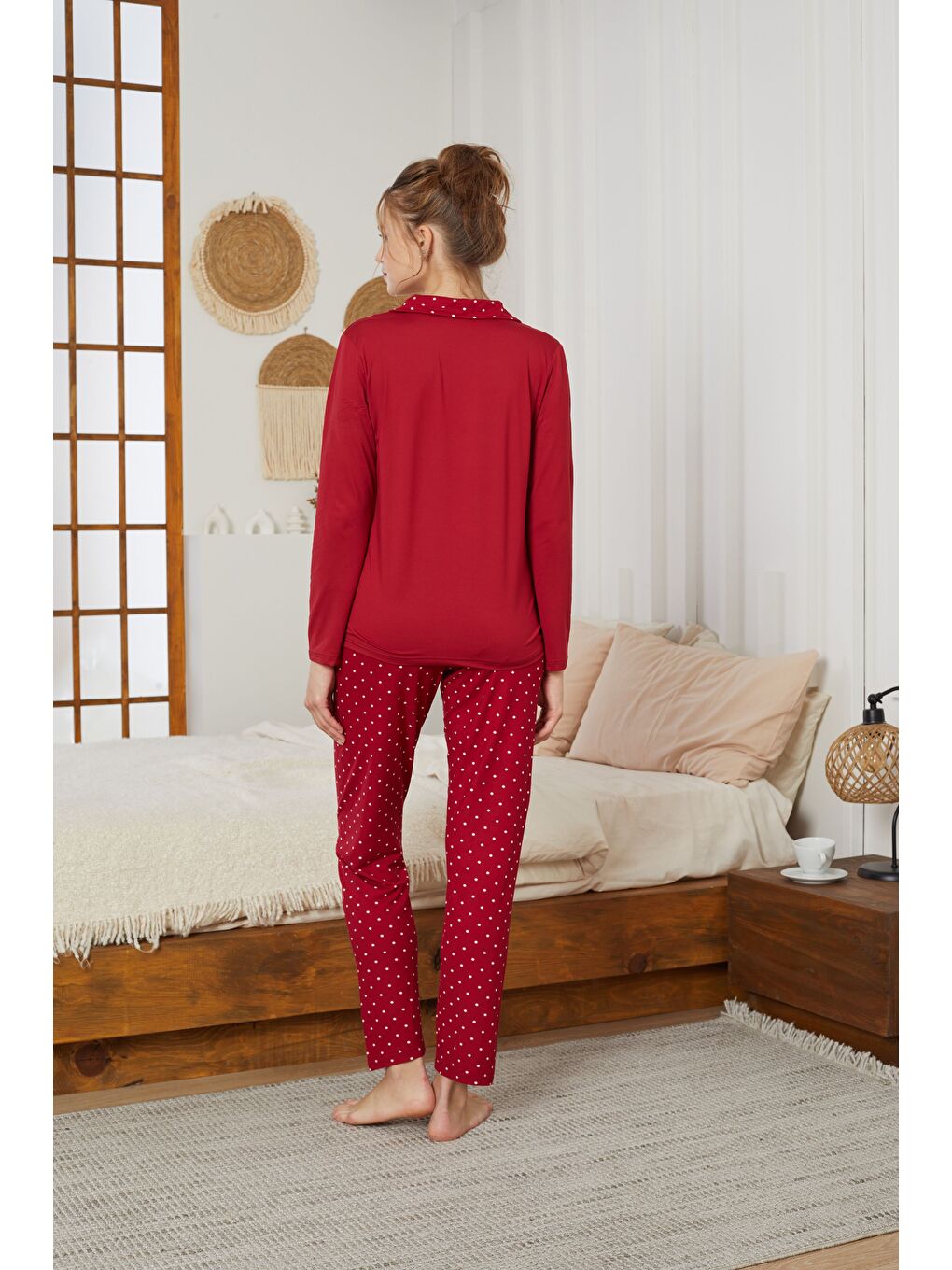 Bordo Puan Desenli Gömlek Yaka Düğmeli Milan Örme Pijama Takım25224005-2
