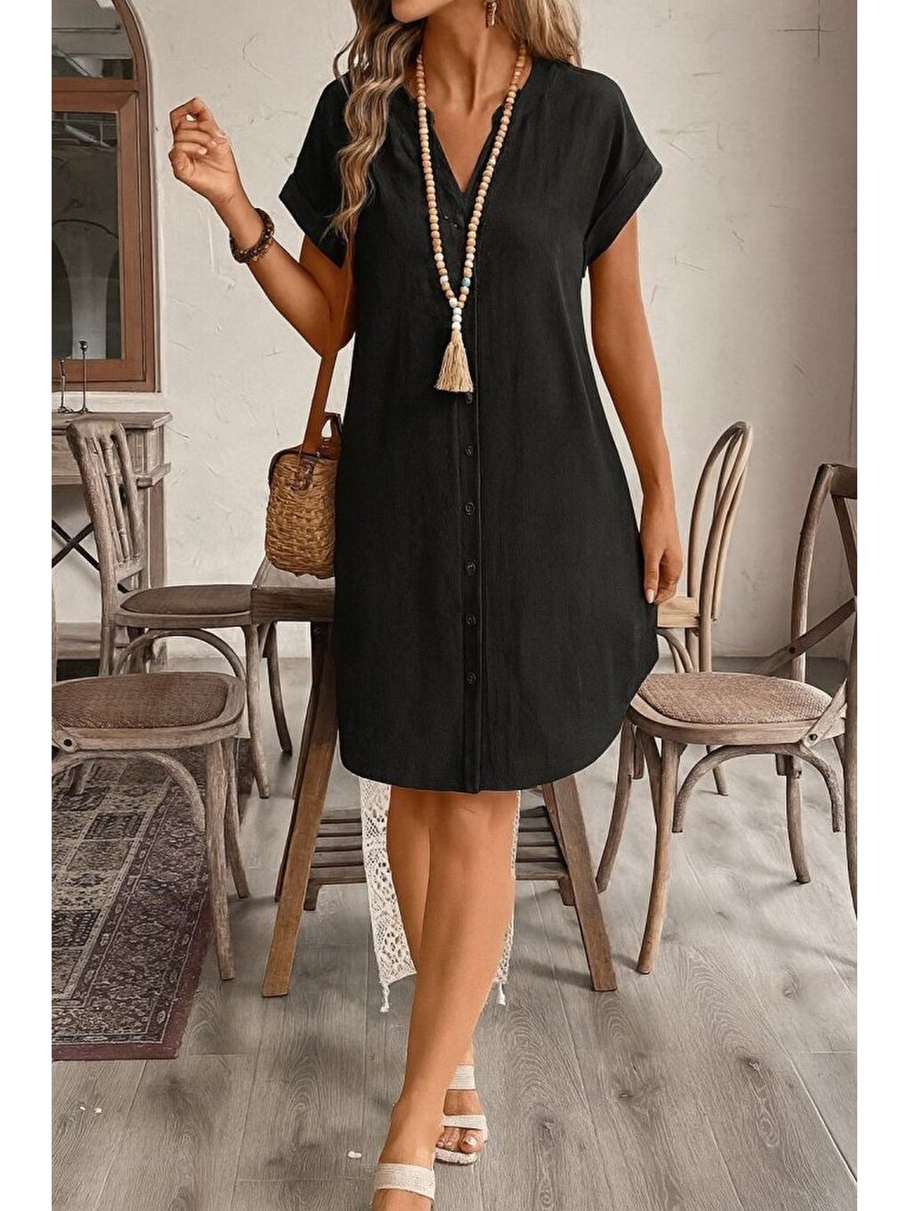 Siyah Kadın Kısa Kollu önden Düğmeli Ithal Keten Elbise-1