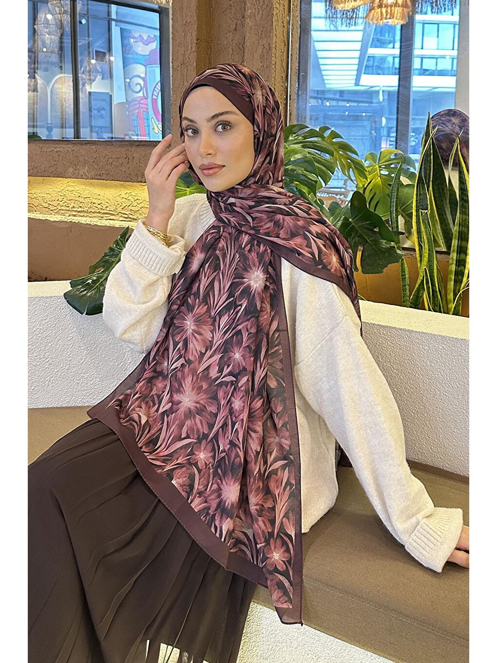 Daisy Flowers Desen Soft Pamuk Şal Koyu Bordo-1