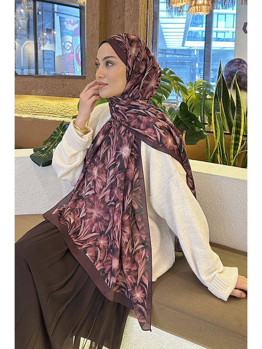 Daisy Flowers Desen Soft Pamuk Şal Koyu Bordo-2