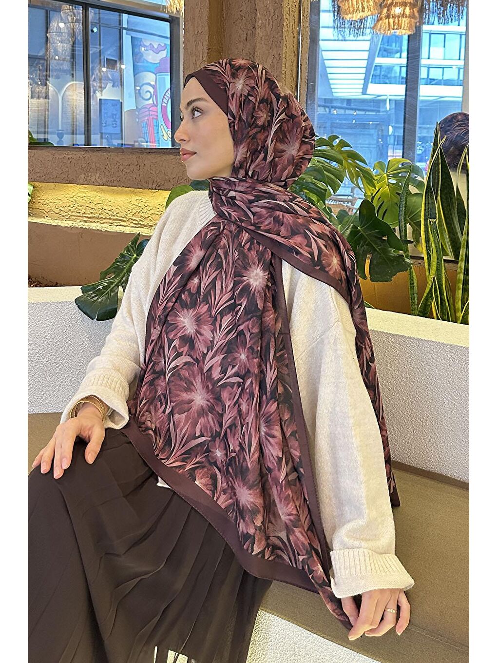 Daisy Flowers Desen Soft Pamuk Şal Koyu Bordo-3