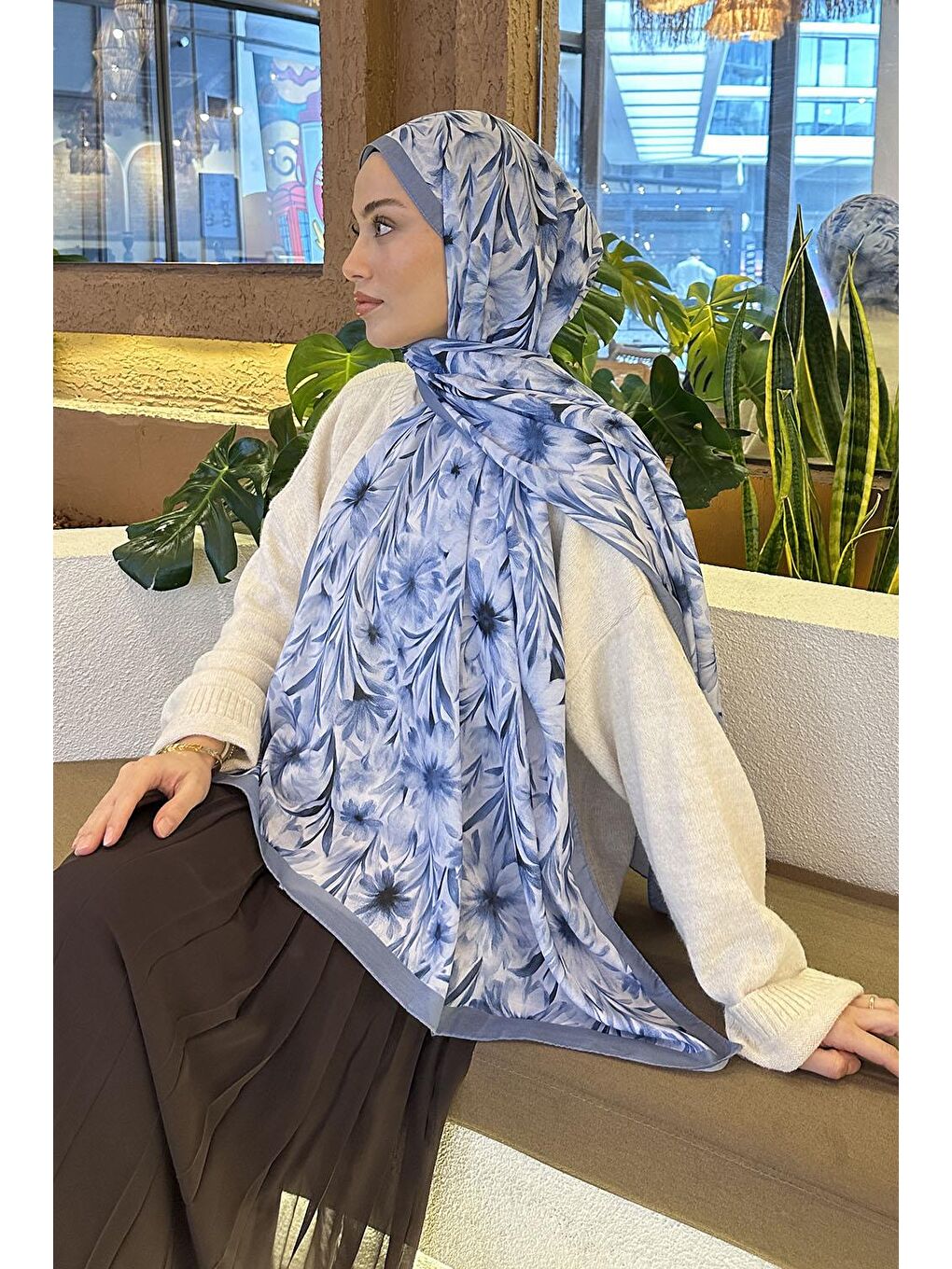 Daisy Flowers Desen Soft Pamuk Şal Mavi-3