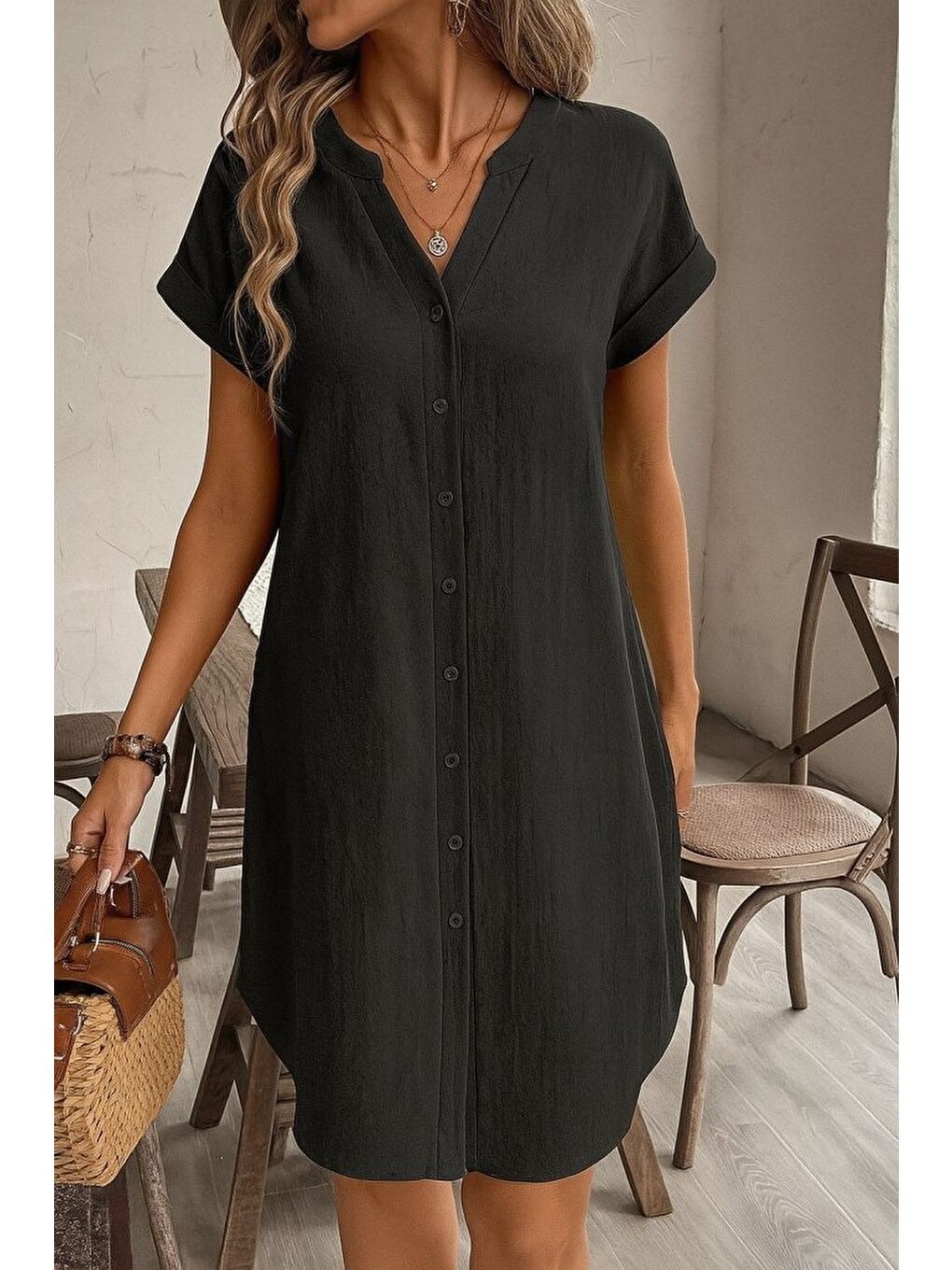 Siyah Kadın Kısa Kollu önden Düğmeli Ithal Keten Elbise-2