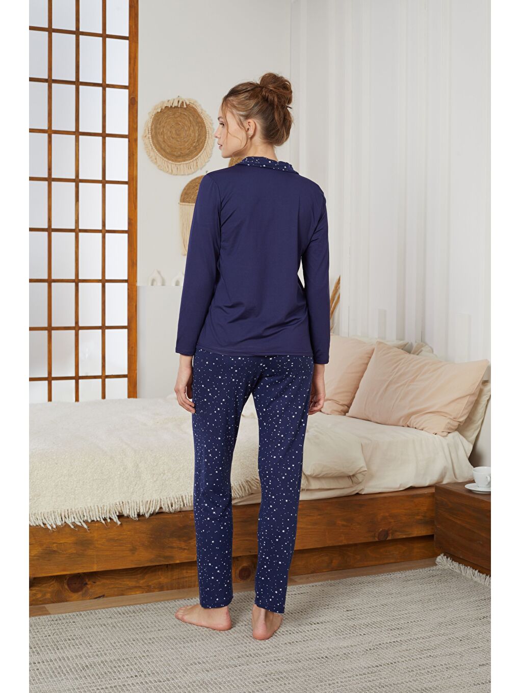 Lacivert Yıldız Desenli Gömlek Yaka Düğmeli Milan Örme Pijama Takım25224007-2