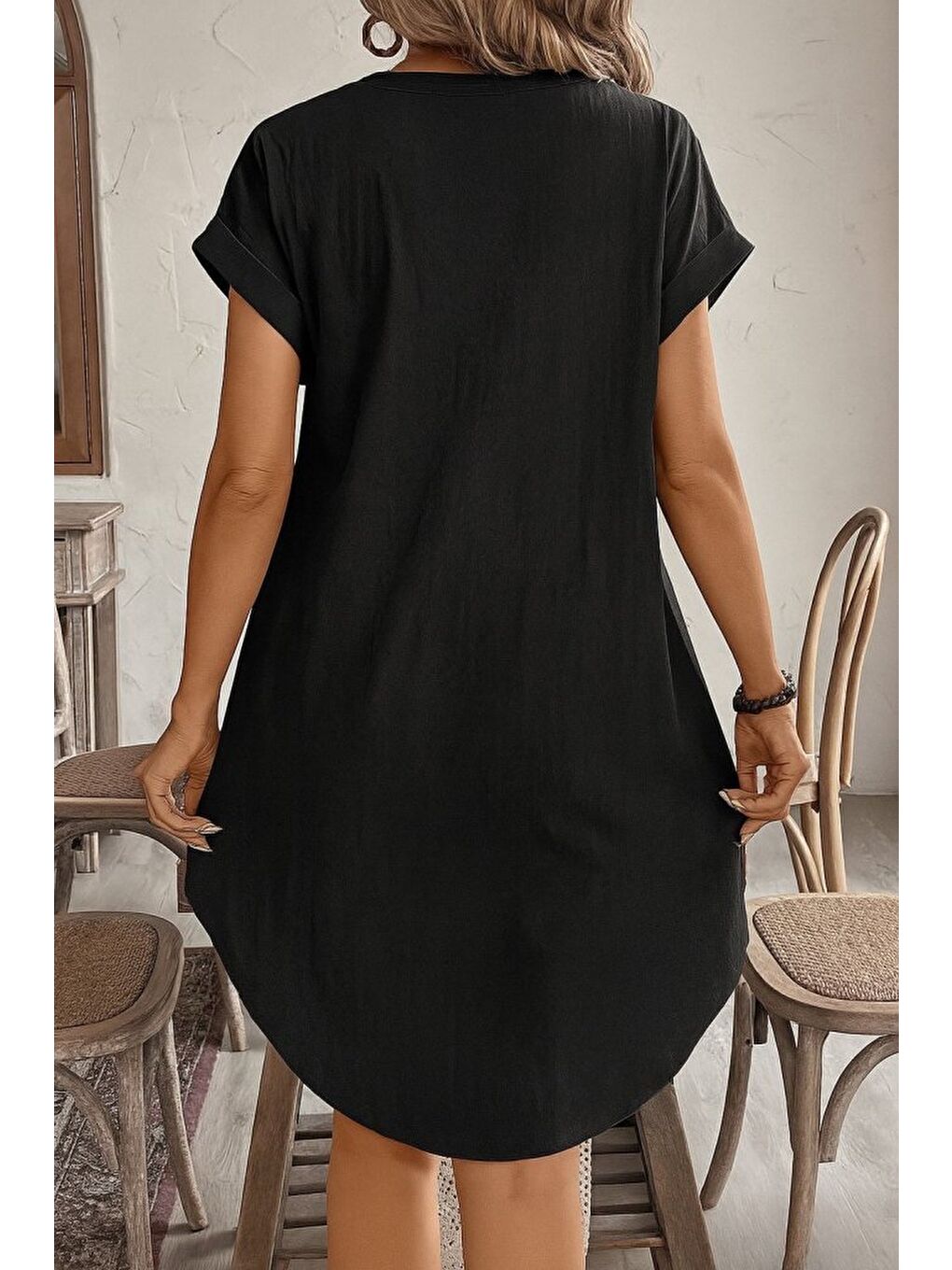 Siyah Kadın Kısa Kollu önden Düğmeli Ithal Keten Elbise-3