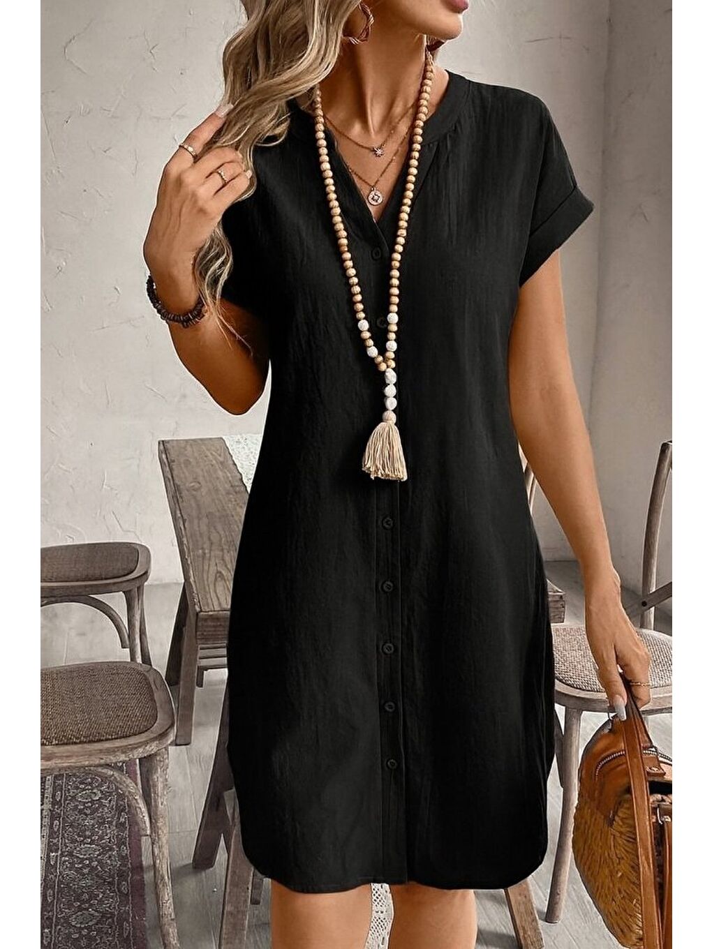 Siyah Kadın Kısa Kollu önden Düğmeli Ithal Keten Elbise-4