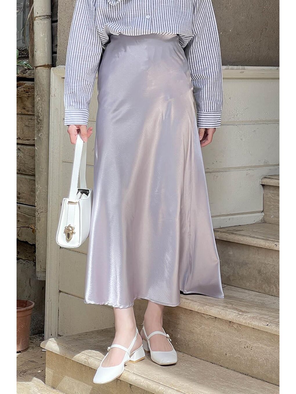 Düz Saten Çan Etek Gri