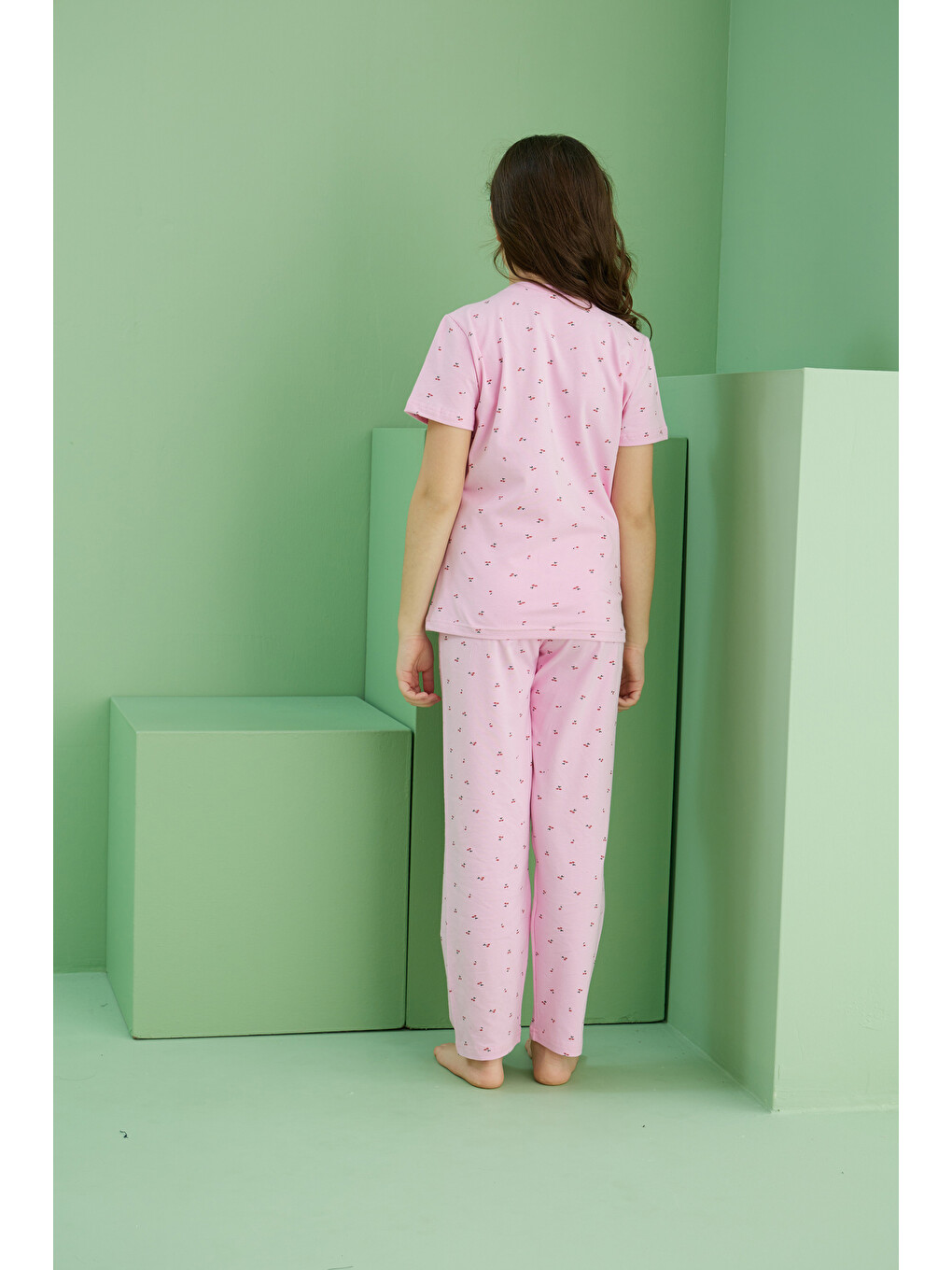 Pembe Desenli Pamuklu Bisiklet Yaka Örme Pijama Takım25117073-4