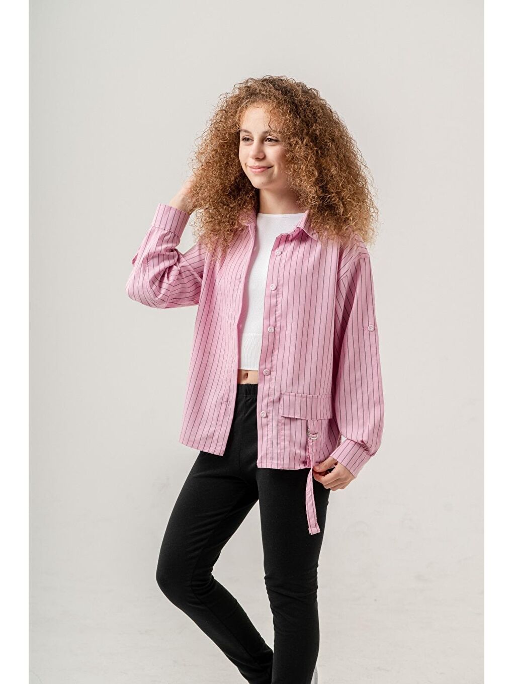 Pembe Kız Çocuk Çizgi Desenli Cep Kemerli Gömlek P1037