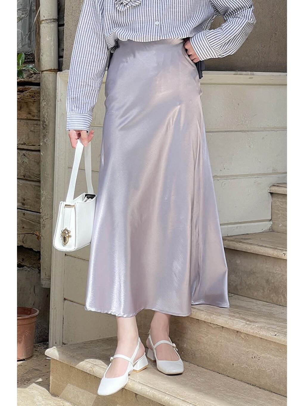 Düz Saten Çan Etek Gri-3