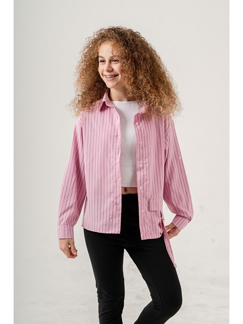 Pembe Kız Çocuk Çizgi Desenli Cep Kemerli Gömlek P1037-1
