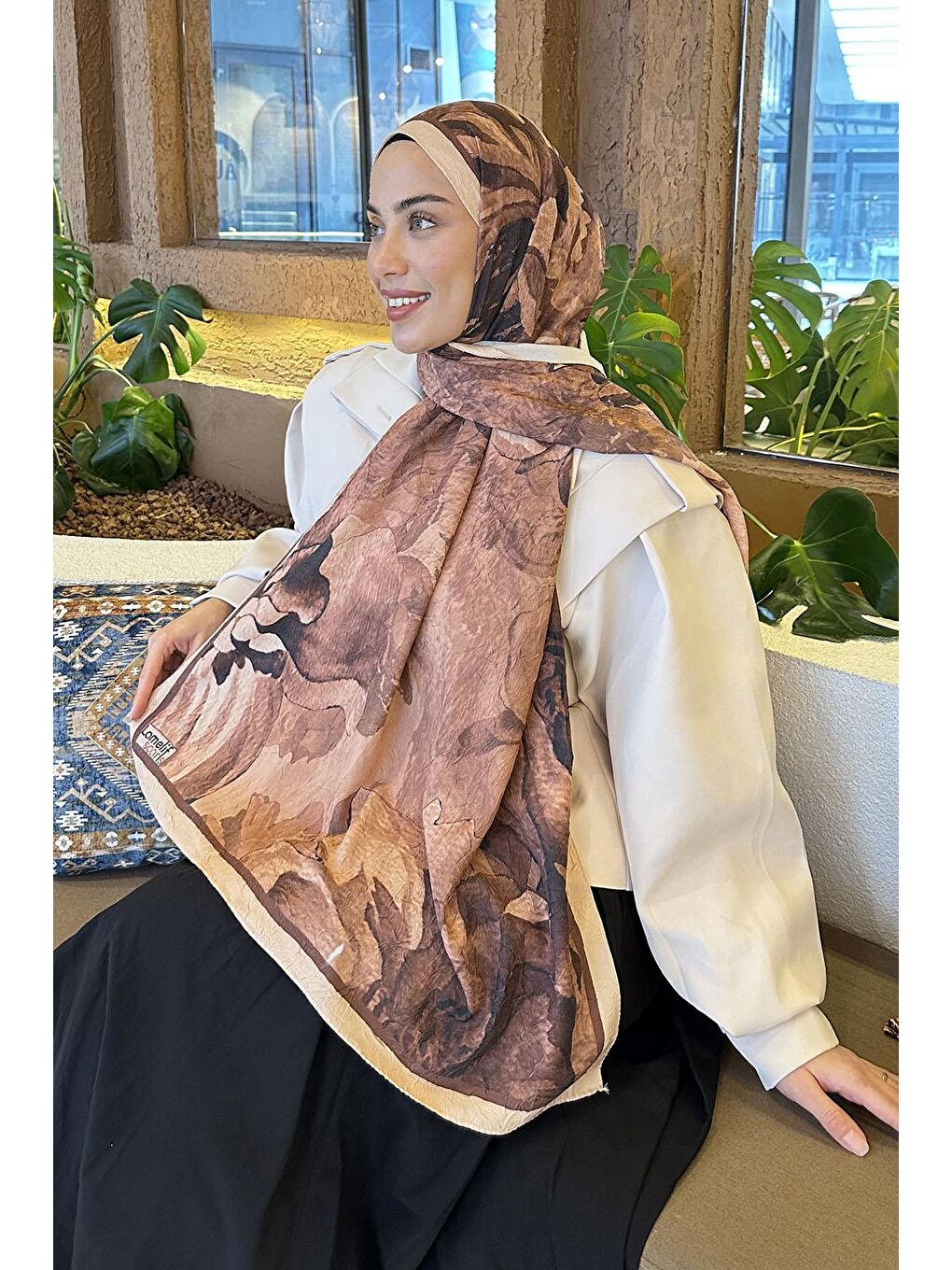 Kahverengi Floral Desen Bambu Şal Sütlü Kahve-2