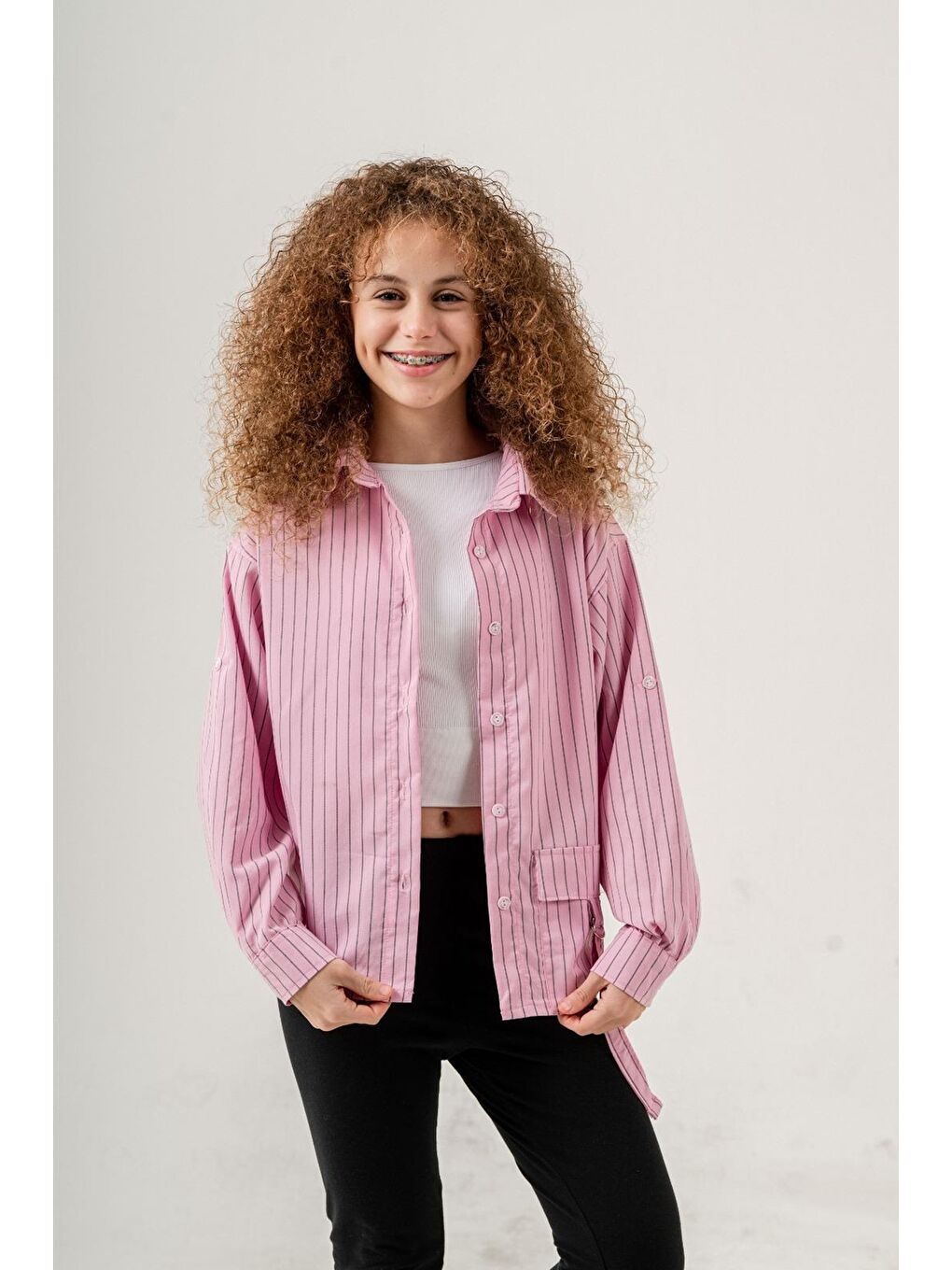 Pembe Kız Çocuk Çizgi Desenli Cep Kemerli Gömlek P1037-2