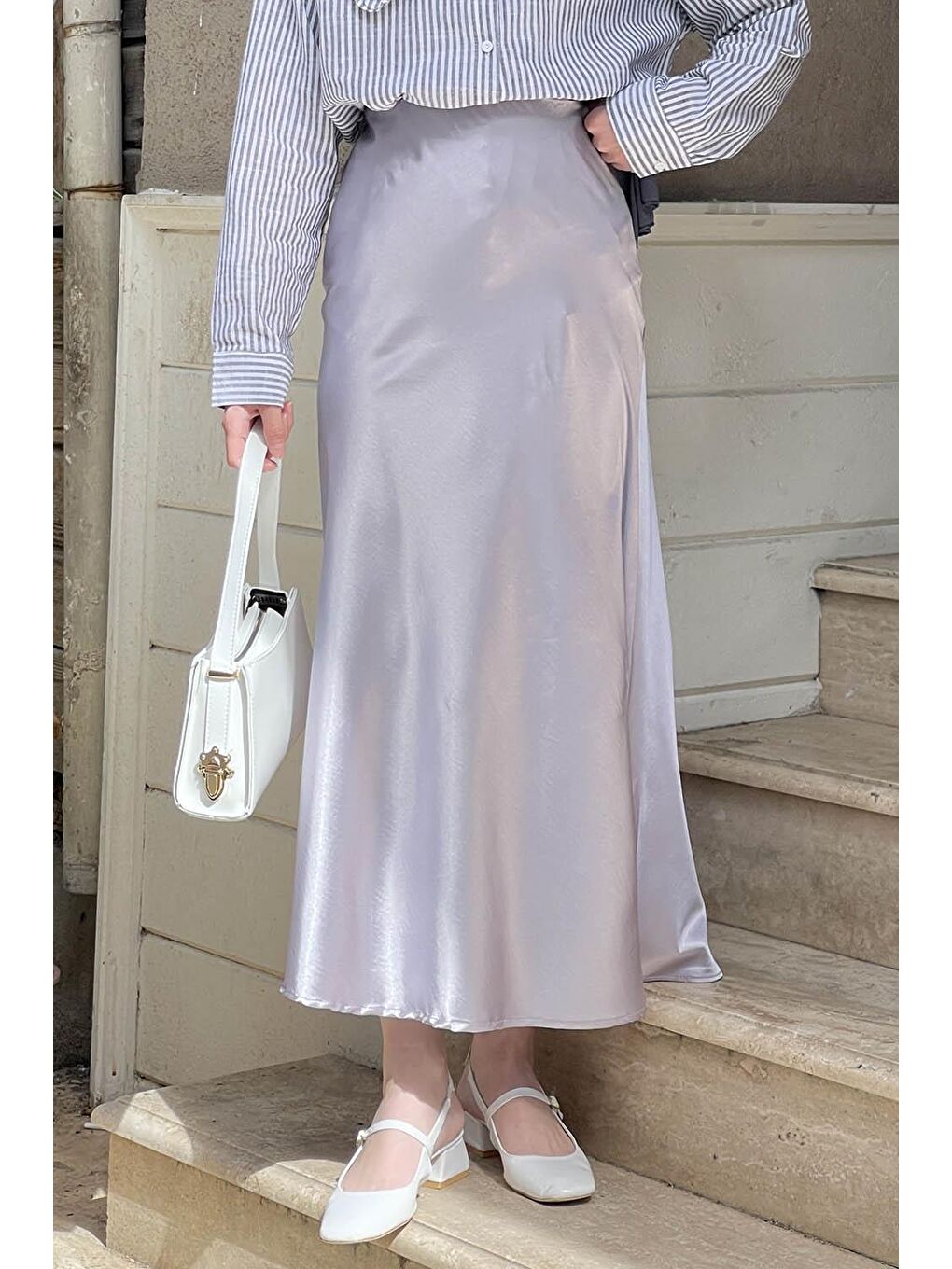 Düz Saten Çan Etek Gri-4