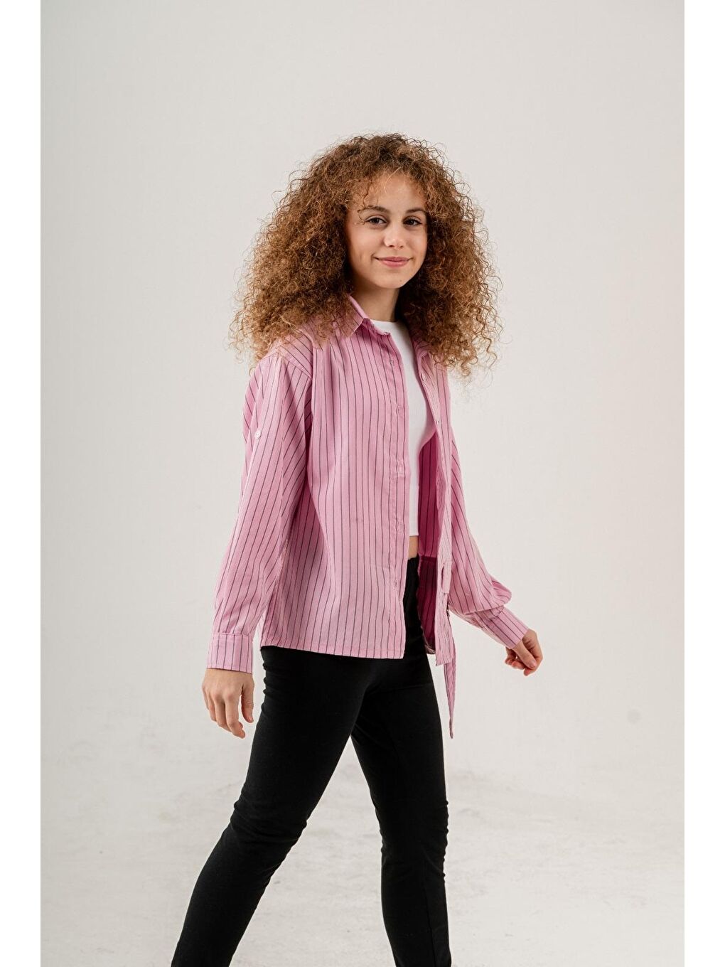 Pembe Kız Çocuk Çizgi Desenli Cep Kemerli Gömlek P1037-3
