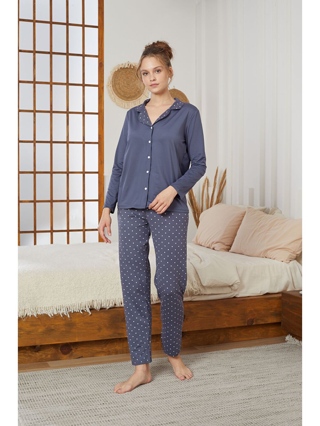 İndigo Puan Desenli Gömlek Yaka Düğmeli Milan Örme Pijama Takım25224010-1