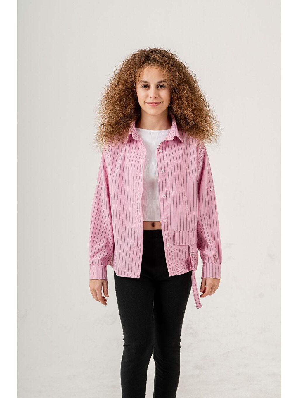 Pembe Kız Çocuk Çizgi Desenli Cep Kemerli Gömlek P1037-4
