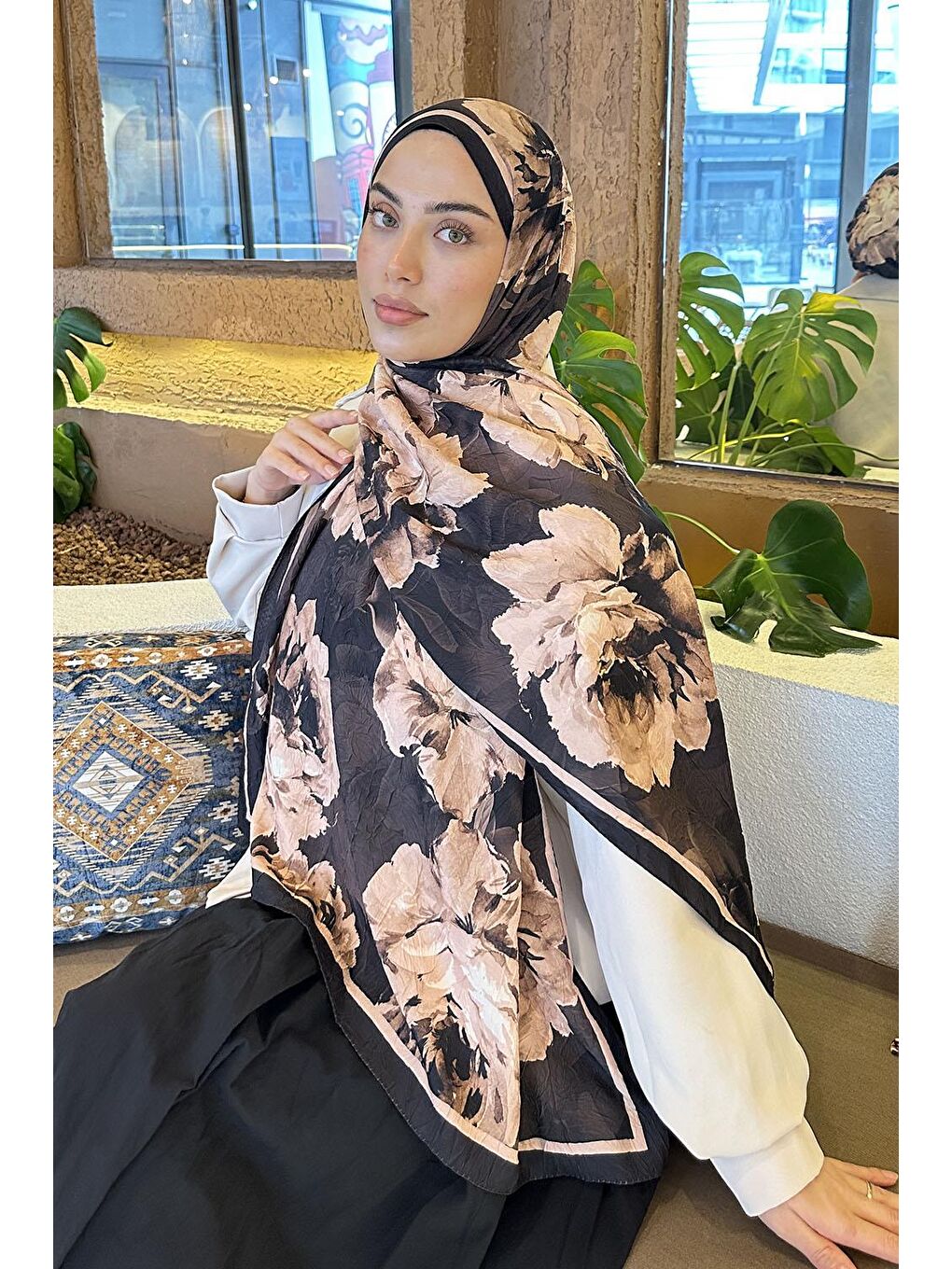 Flower Desen Bambu Şal Acı Kahverengi-1