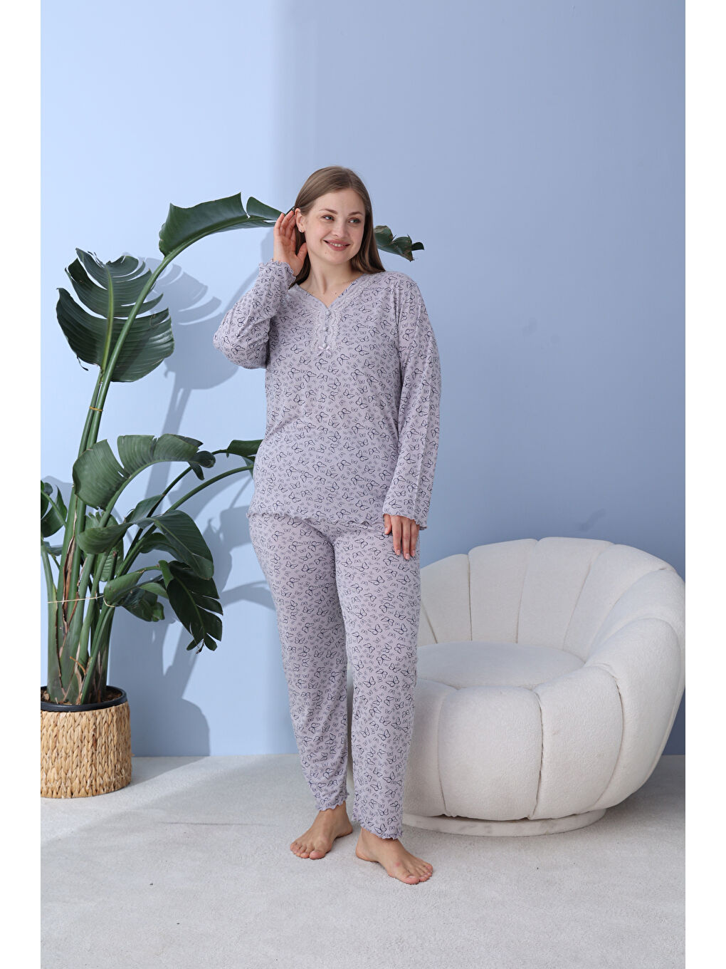 Gri %100 Pamuklu Mevsimlik Kumaş Büyük Beden Kadın Pijama Takımı 50160