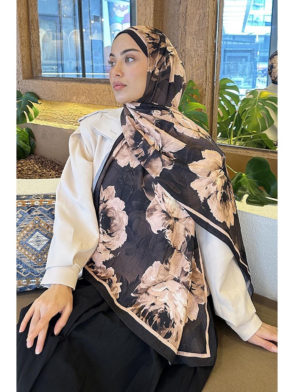 Flower Desen Bambu Şal Acı Kahverengi-2